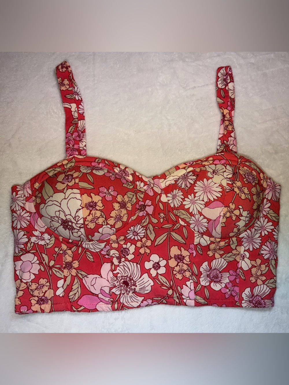 BOG Collective Retro Coral Floral Bustier Crop Top - M‎ - Smock Back Padded Bra